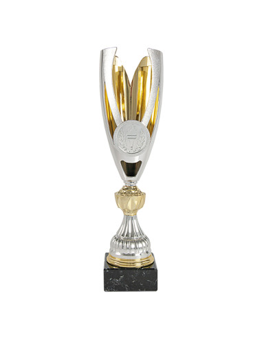 Trofeus ABM - Copa esportiva de disseny en ABS platejada i daurada amb peanya negre.Portamotius esportiu. 3 tamanys.