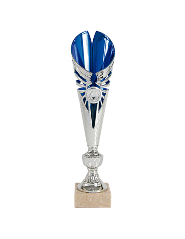 Trofeus ABM - Copa esportiva de disseny en ABS platejada i blava amb peanya clara.Portamotius esportiu. 3 tamanys.