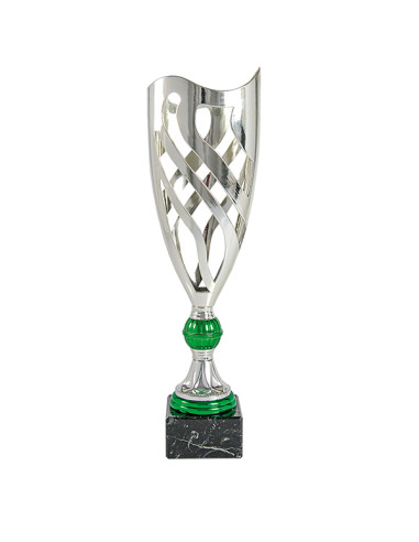 Trofeus ABM - Copa esportiva de disseny en ABS platejada amb detalls verds i peanya negre. 3 tamanys.