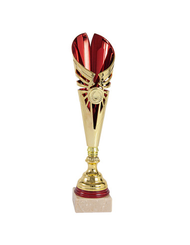 Trofeus ABM - Copa esportiva de disseny en ABS daurada i vermella amb peanya clara i portamotius esportiu. 3 tamanys.