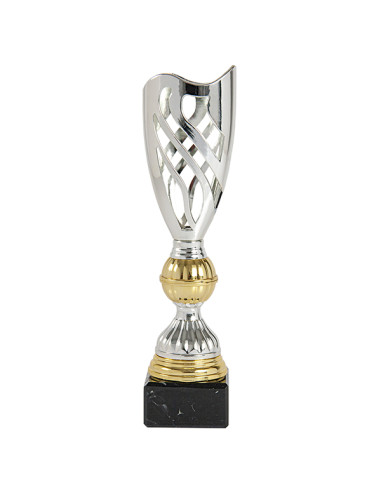 Trofeus ABM - Copa esportiva de disseny en ABS platejada amb detalls daurats i peanya negre. 3 tamanys.