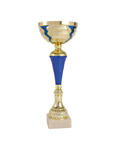 Copa deportiva dorada y azul, con el vaso de metal y la base clara. 6 tamaños.