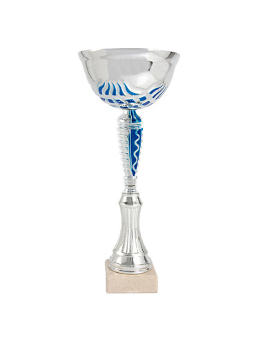 Copa deportiva plateada y azul con el vaso de metal y la base clara. 5 tamaños.