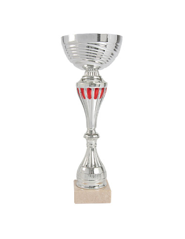 Copa deportiva plateada con detalles rojos, vaso de metal y base clara. 6 tamaños.