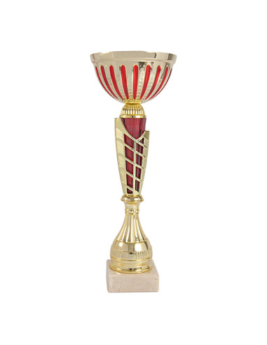 Copa deportiva dorada y roja, con el vaso de metal y la base clara. 5 tamaños.