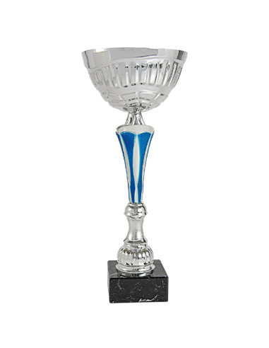 Trofeus ABM - Copa esportiva platejada amb detalls blaus, got de metall i peanya negre. 5 tamanys.