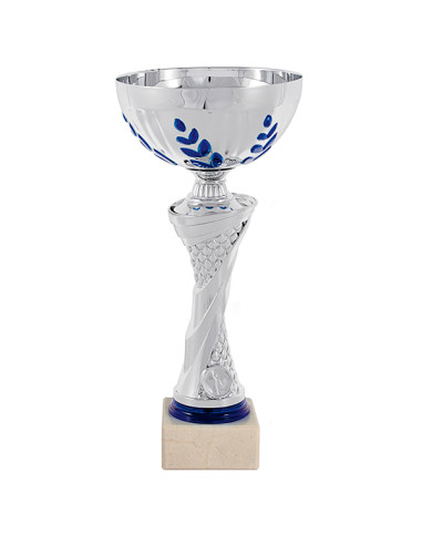 Copa deportiva plateada con detalles azules, vaso de metal y base clara. 5 tamaños.