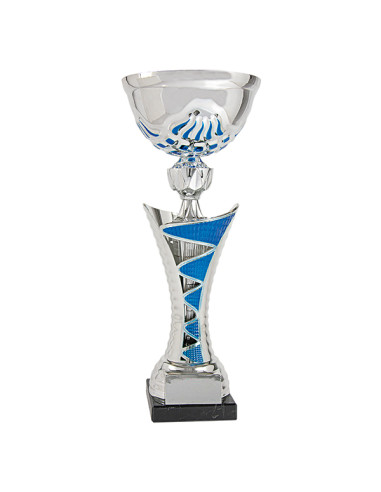 Copa deportiva plateada y azul con el vaso de metal y la base negra. 4 tamaños.