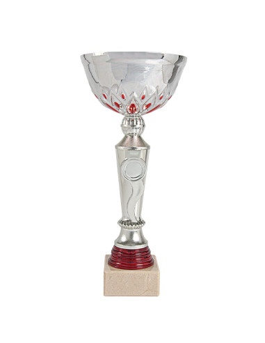 Trofeus ABM - Copa esportiva platejada i vermella amb portamotius esportius, got de metall i la peanya clara. 5 tamanys.