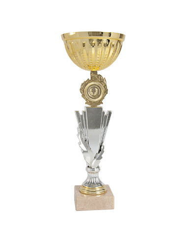 Copa deportiva plateada y dorada, con portamotivos deportivos, vaso de metal y base clara. 5 tamaños.