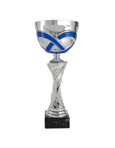 Copa deportiva plateada con detalles en azul, vaso de metal y base negra. 5 tamaños.