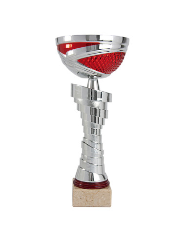 Copa deportiva plateada y roja, vaso de metal y base clara. 4 tamaños.