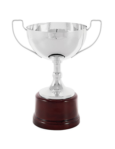 Trofeus ABM - Copa esportiva elegant i clàssica en metall platejada, amb nanses i peanya rodona de fusta. 4 tamanys.