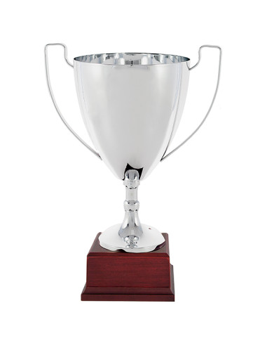 Trofeus ABM - Copa esportiva elegant i clàssica en metall platejada, amb nanses i peanya de fusta. 4 tamanys.