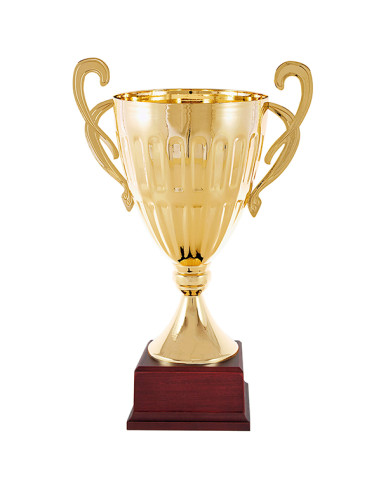 Trofeus ABM - Copa esportiva elegant i clàssica en metall daurada, amb nanses i peanya de fusta. 6 tamanys.