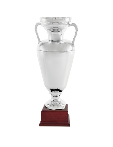 Trofeus ABM - Copa esportiva en forma d'ànfora elegant i clàssica, en metall platejada, amb nanses i peanya de fusta. 3 tamanys.