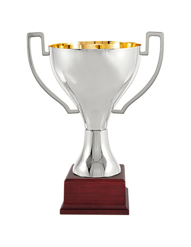 Trofeus ABM - Copa esportiva elegant i clàssica en metall platejada, amb nanses i peanya de fusta. 5 tamanys.