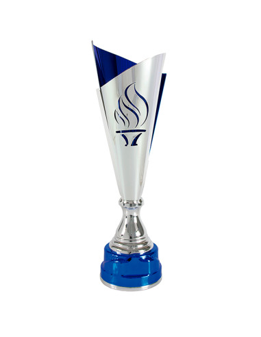 Copa deportiva de diseño en metal bicolor, exterior plateado e interior azul, con la base de metal azul. Llama olímpica