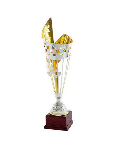 Copa deportiva de diseño con la bandera de carreras de metal bicolor, exterior plateado e interior dorado, con pedestal