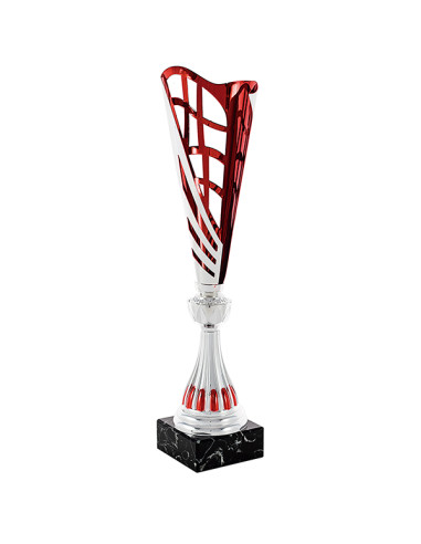 Copa deportiva de diseño en metal plateada y roja, con pedestal de mármol negro. 3 tamaños.