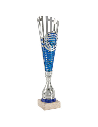 Copa deportiva de diseño en metal plateada y azul, con peana clara. 3 tamaños.