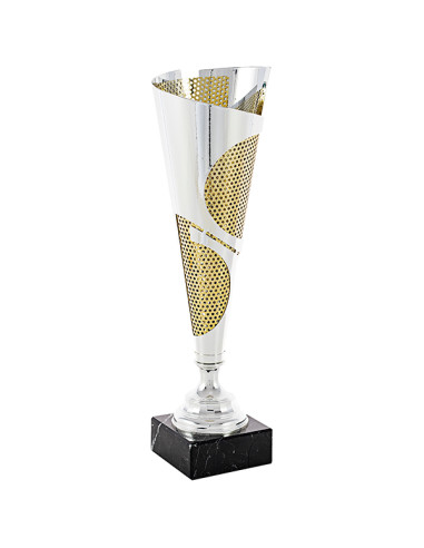 Copa deportiva de diseño en metal plateada y dorada, con peana de mármol negro. 3 tamaños.