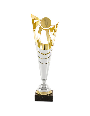 Copa deportiva de diseño en metal plateada y dorada, con peana de mármol negro. 3 tamaños.