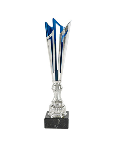Copa deportiva de diseño en metal plateada y azul, con base de mármol negro. 3 tamaños.