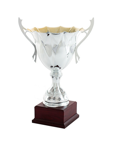 Trofeus ABM - Copa esportiva elegant i clàssica en metall platejada, amb nanses i peanya de fusta. 5 tamanys.