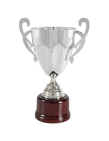 Trofeus ABM - Copa esportiva elegant i clàssica en metall platejada, amb nanses i peanya rodona de fusta. 5 tamanys.