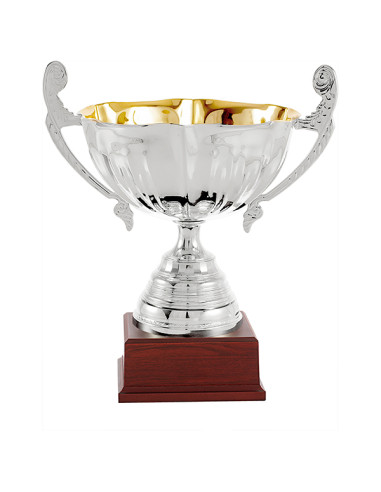 Copa deportiva elegante y clásica tipo 'Ensaladera', en metal plateado con asas decoradas y base de madera. 6 tamaños.