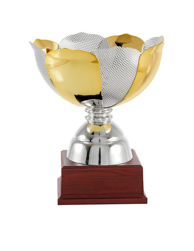 Copa deportiva elegante y clásica tipo 'Ensaladera', en metal plateado y dorado, y base de madera. 5 tamaños.