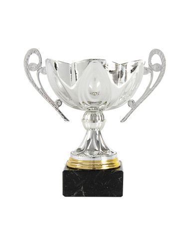 Trofeus ABM - Copa esportiva elegant i clàssica platejada amb nanses, detall daurat damunt la peanya de marbre negre. 5 tamanys.