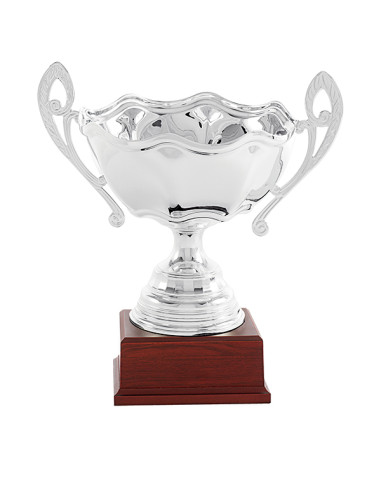 Trofeus ABM - Copa esportiva elegant i clàssica platejada ab nanses decorades i peanya de fusta. 5 tamanys.