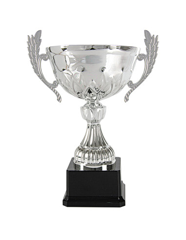 Trofeus ABM - Copa esportiva platejada amb nanses decorades i peanya negre. 5 tamanys.
