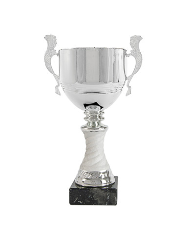 Trofeus ABM - Copa esportiva platejada amb nanses decorades, cos de ceràmica i peanya de marbre negre. 4 tamanys.