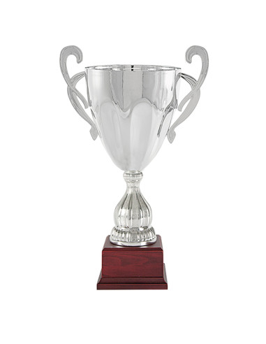 Trofeus ABM - Copa esportiva elegant i clàssica platejada amb nanses decorades i peanya de fusta. 6 tamanys.