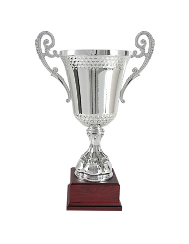 Copa deportiva elegante y clásica plateada con asas y vaso de metal decorados, con la base de madera. 3 tamaños.