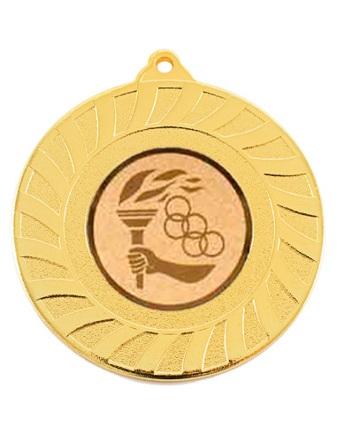 Medalla deportiva dorada de diámetro 50mm. con la trasera ideal para grabación a color o láser. Disponible en todos los deportes