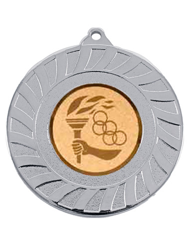 Medalla deportiva plateada de diámetro 50mm. con la trasera ideal para grabación a color o láser. Disponible en todos los deport