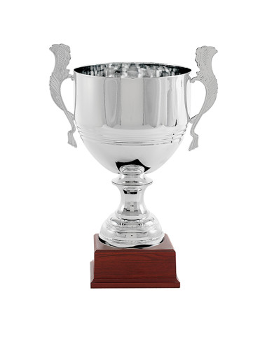 Trofeus ABM - Copa esportiva elegant i clàssica platejada amb nanses decoratdes, amb la peanya de fusta. 5 tamanys.