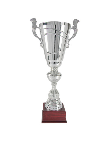 Trofeus ABM - Copa esportiva gran platejada, amb nanses decorades i peanya de fusta. Ideal per grans premis. 3 tamanys.