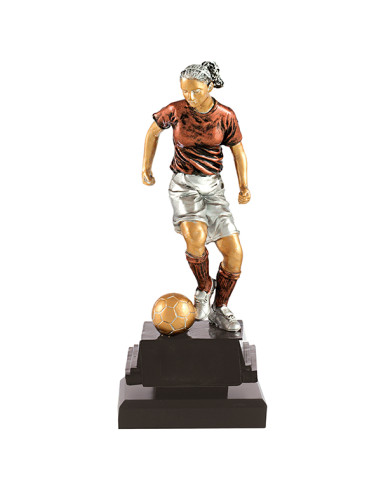 Trofeo de fútbol femenino de una jugadora en resina decorada.