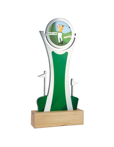 Espectacular trofeo de golf en aluminio plateado, impresión a todo color y base de madera de abeto.