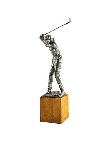 Trofeo de golf figura femenina en resina decorada con la base de madera de abeto.