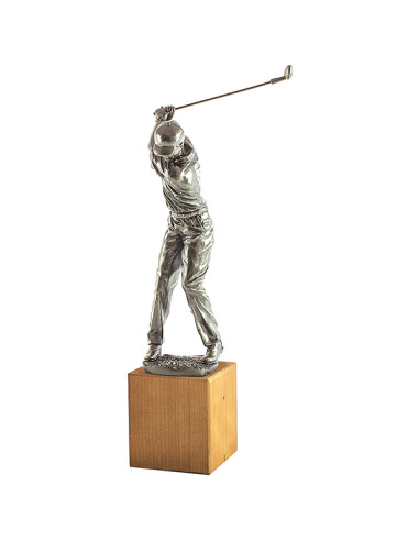 Trofeus ABM - Trofeu de golf figura masculina en resina decorada amb la peanya de fusta d'avet.