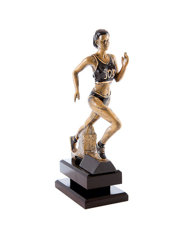 Trofeo de atletismo con figura femenina en resina decorada y base de madera.