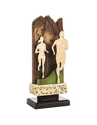 Trofeo de atletismo en resina decorada y siluetas en madera.
