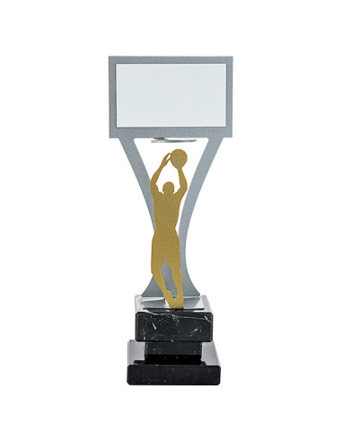 Trofeo de baloncesto de metal bicolor y base de mármol negro.