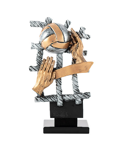 Trofeo de voleibol en resina decorada, ideal para competiciones o reconocimientos individuales.